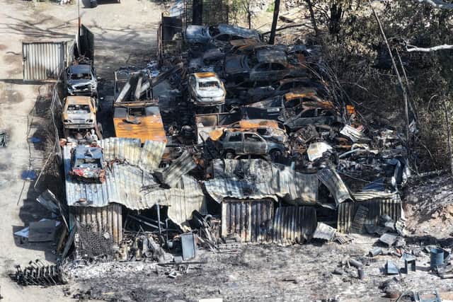 Photos taken on Monday show the aftermath of the major fire, in Rowfant, with multiple cars burned out. Photo: Eddie Mitchell