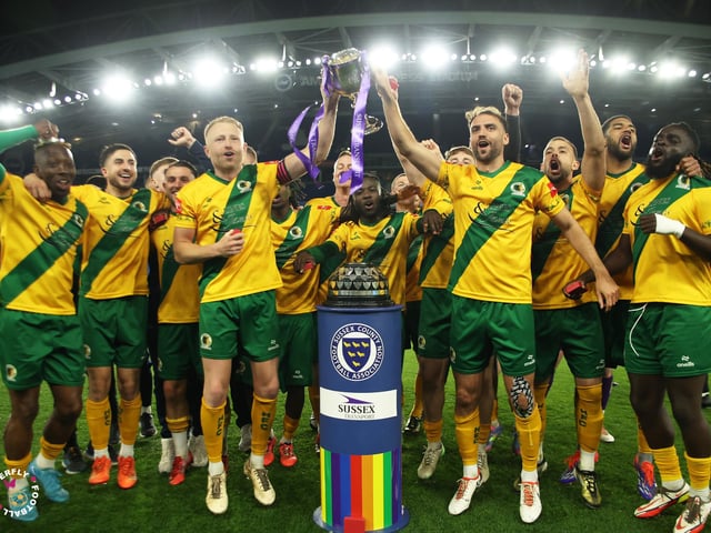 James Hammond’s majestic 95th minute free-kick clinched Horsham FC’s first league and Sussex Senior Cup double in the club’s history