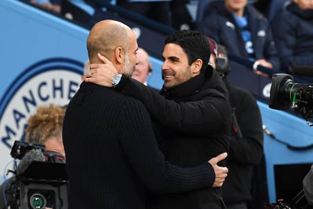 Guardiola is currently chasing a historic treble with his City team, whilst Arteta has guaranteed Champions League football for the Gunners for the first time in six years.  (Photo by David Price/Arsenal FC via Getty Images)