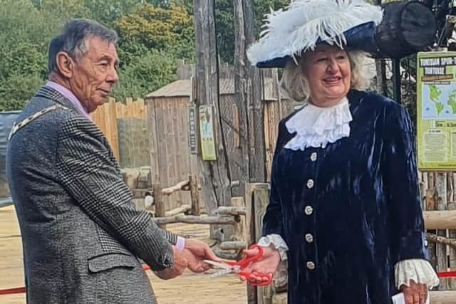 Mayor of Hailsham, Councillor Paul Holbrook and Sheriff of Sussex, Jane King, perform the grand opening ceremony of Jungle Kingdom at Knockhatch Adventure Park (Photo: Jenny Seale)