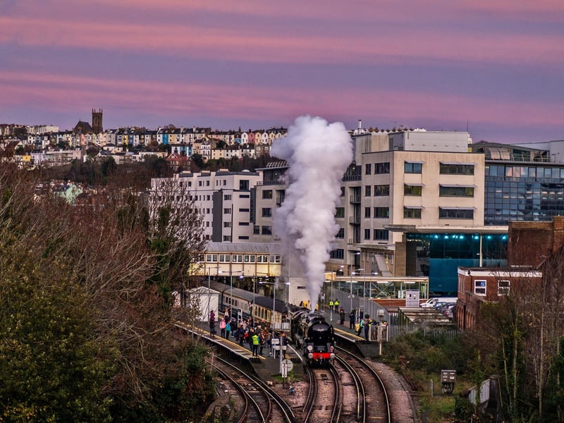 The Christmas Sussex Belle, Merchant Navy Class 35028 Clan Line, leaves Hastings Railway Station on November 19 2025. Pic by Brian Bailey.