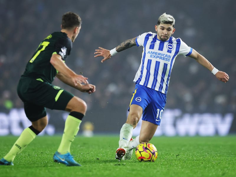 Julio Enciso of Brighton & Hove Albion controls the ball whilst under pressure from Vitaly Janelt of Brentford during the Premier League match at the Amex Stadium