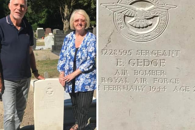 Ruud Slangen and Brenda Kelly honour Sgt Edward Gedge at the Harderwijk General Cemetery in The Netherlands. Photo: Brenda Kelly / Submitted
