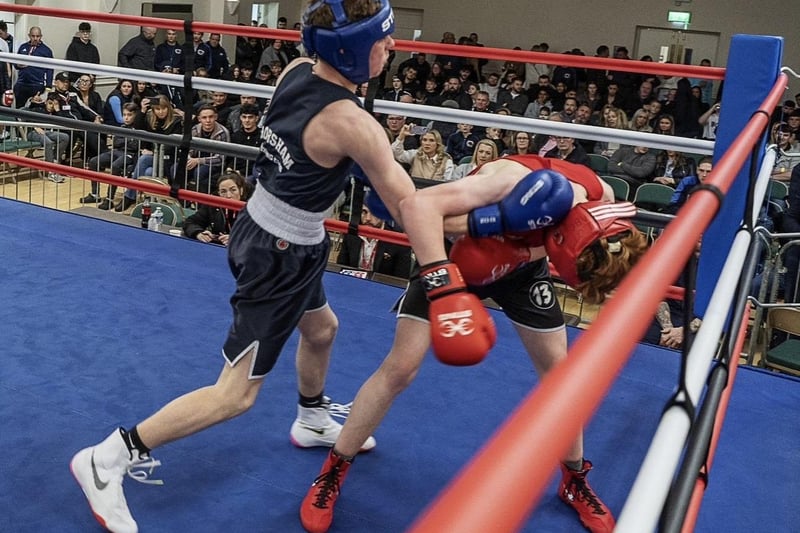 Tony Giles on his way to a win at Horsham Boxing Club's home show at The Drill Hall
