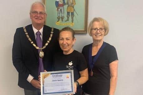 Haywards Heath Town Mayor and consort Margaret Baker present Josefa Figueira with her Certificate of Appreciation
