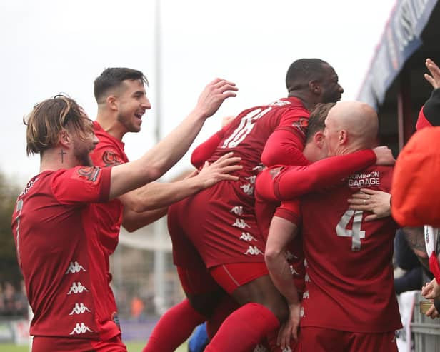 Worthing players celebrate on their way to beating Havant | Picture: Mike Gunn