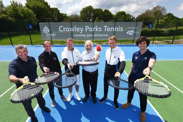 Councillor Chris Mullins (third from right) with representatives from Crawley Borough Council, the LTA and Serious About Community Tennis