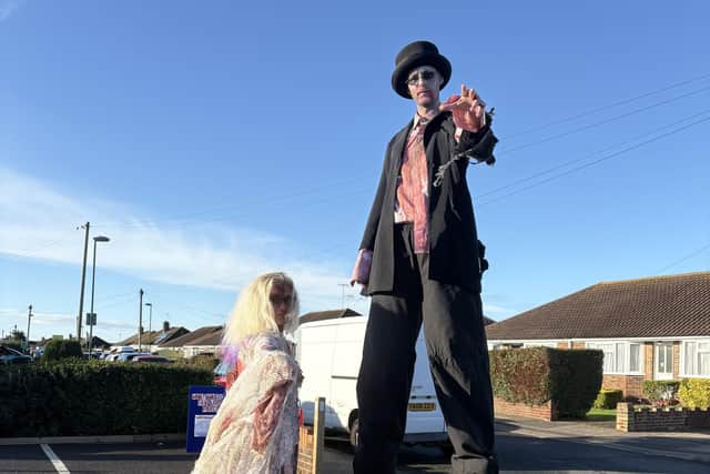 Nightwalker Nick, a 9ft-tall stilt walking zombie, will be making his way around the high street in Lancing for Hallowe'en