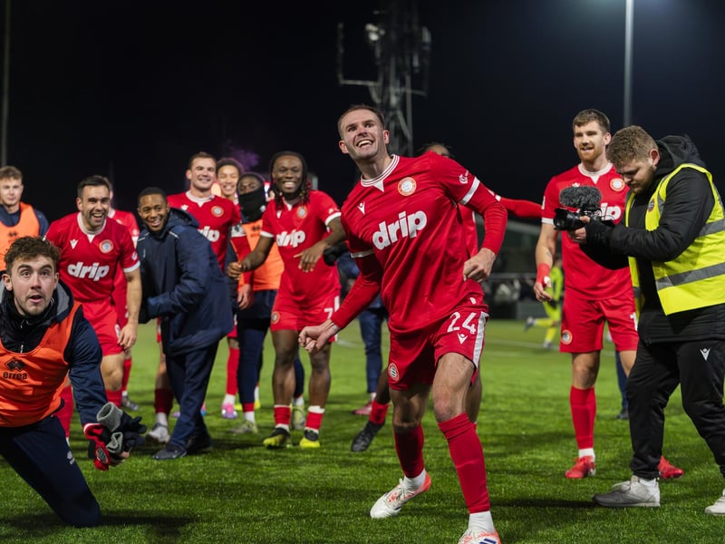 Teddy Jenks (24 Worthing FC) and the team celebrate the win against Dorking Wanderers in the Enterprise National League South at Sussex Transport Community Stadium : Worthing v Dorking Wanderers, National League South