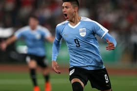 Uruguay's Darwin Nunez celebrates after scoring against Peru during a Lima 2019 Pan American Games Group B football match in Lima on July 29, 2019. (Photo by LUKA GONZALES / AFP)