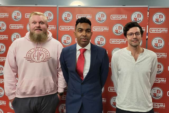 Crawley Town co-owners and co-chairmen Preston Johnson and Eben Smith with Kevin Betsy, their first managerial appointment