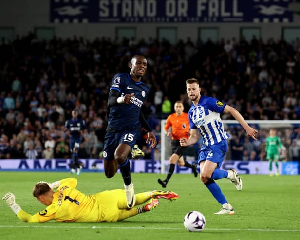 Bart Verbruggen was booked after a challenge on Nicolas Jackon during Chelsea's win at Brighton (Photo by Ryan Pierse/Getty Images)