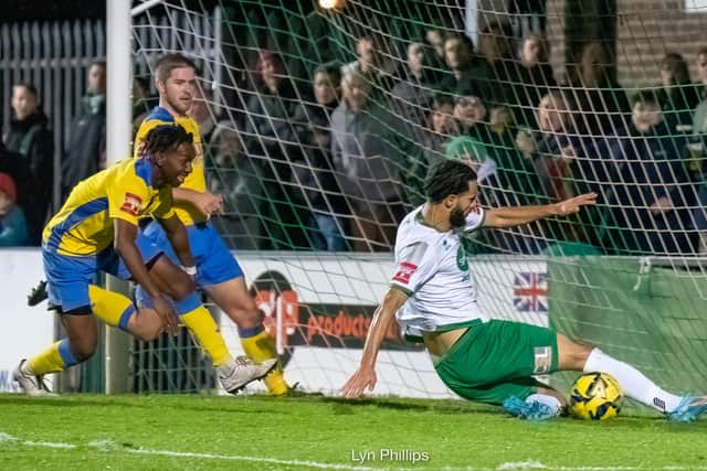 Goalmouth action between the Rocks and Haringey | Picture: Lyn Phillips - see more pictures by Lyn in the video player near the top of the report