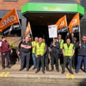 Security guards at Crawley Jobcentre - members of the GMB union - are on strike today over pay. Photo: Ian Maguire