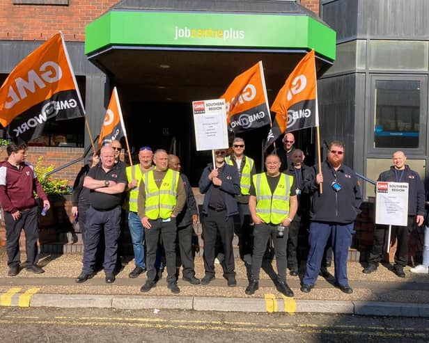 Security guards at Crawley Jobcentre - members of the GMB union - are on strike today over pay.