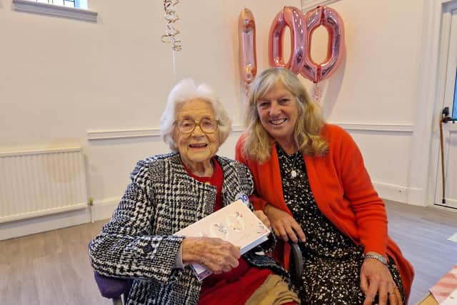 Peggy Smith with her step-daughter Jackie Brown, celebrating her 100th birthday at the Tuesday Lunch & Social Club at Offington Park Methodist Church in Worthing