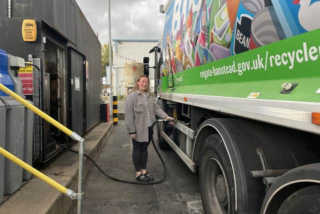 Cllr Hannah Avery refuelling the refuse truck with HVO fuel. Picture contributed