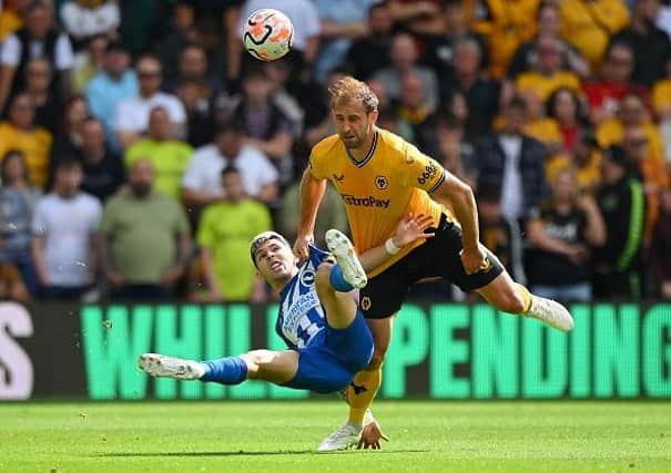 Julio Enciso of Brighton & Hove Albion injured his knee earlier this season at Wolves