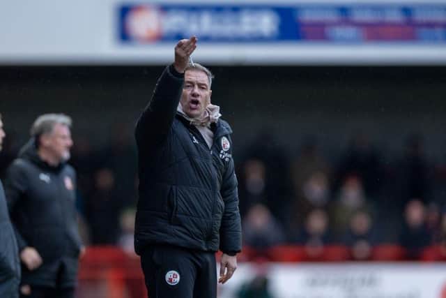 Crawley Town boss Scott Lindsey gives instructions against Swindon Town at the Broadfield Stadium. Picture: Eva Gilbert