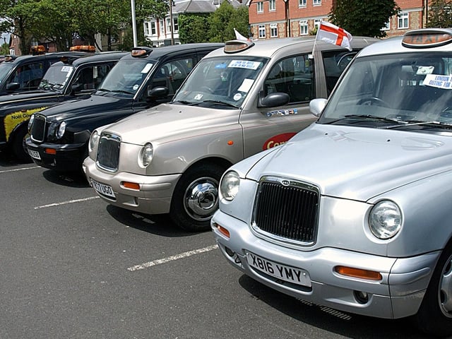 London taxis lined up in the Assembly Hall car park in 2006