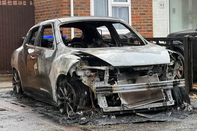 The scene of the car fire in Ringmer Road, Worthing. Photo: Sussex News and Pictures