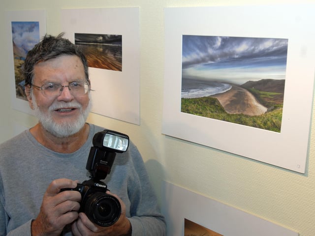 Ken Rippengale with his picture of Rhossili Beach
