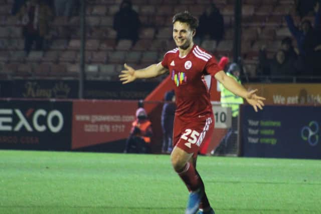 Nick Tsaroulla celebrates his goal against Swindon Town. Picture by Cory Pickford