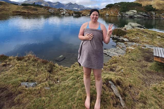 Journalist Lynn Rusk after taking a dip in the Wildsee mountain lake. Picture courtesy of Lynn Rusk