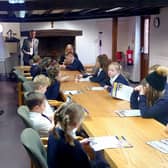 Mayor Cllr Paul Holbrook and Grovelands CP School Pupils at the Town Council Offices