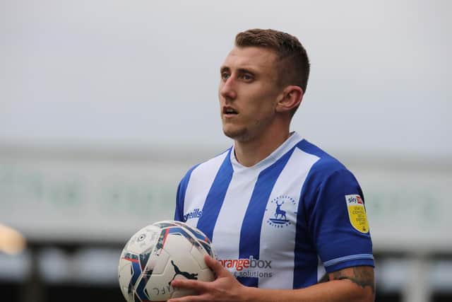 HARTLEPOOL, ENGLAND - OCTOBER 09: David Ferguson of Hartlepool United in action during the Sky Bet League Two match between Hartlepool United  and Northampton Town at Victoria Park on October 09, 2021 in Hartlepool, England. (Photo by Pete Norton/Getty Images)