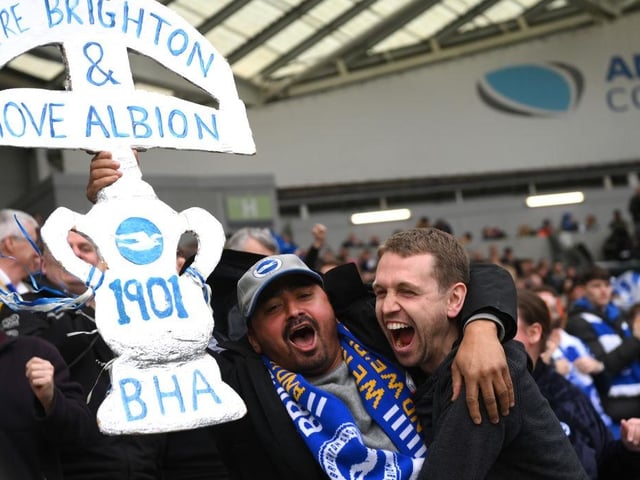 BRIGHTON, ENGLAND - MARCH 19: Brighton & Hove Albion fans react as the team score their third goal during the Emirates FA Cup Quarter Final match between Brighton & Hove Albion and Grimsby Town at Amex Stadium on March 19, 2023 in Brighton, England. (Photo by Mike Hewitt/Getty Images)