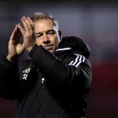 Crawley Town boss Scott Lindsey applauds the crowd after his side beat Bristol Rovers 2-1 in the EFL Trophy at the Broadfield Stadium. Picture: Eva Gilbert