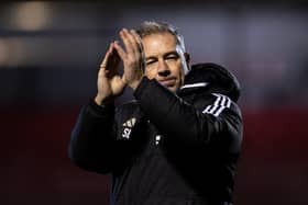 Crawley Town boss Scott Lindsey applauds the crowd after his side beat Bristol Rovers 2-1 in the EFL Trophy at the Broadfield Stadium. Picture: Eva Gilbert