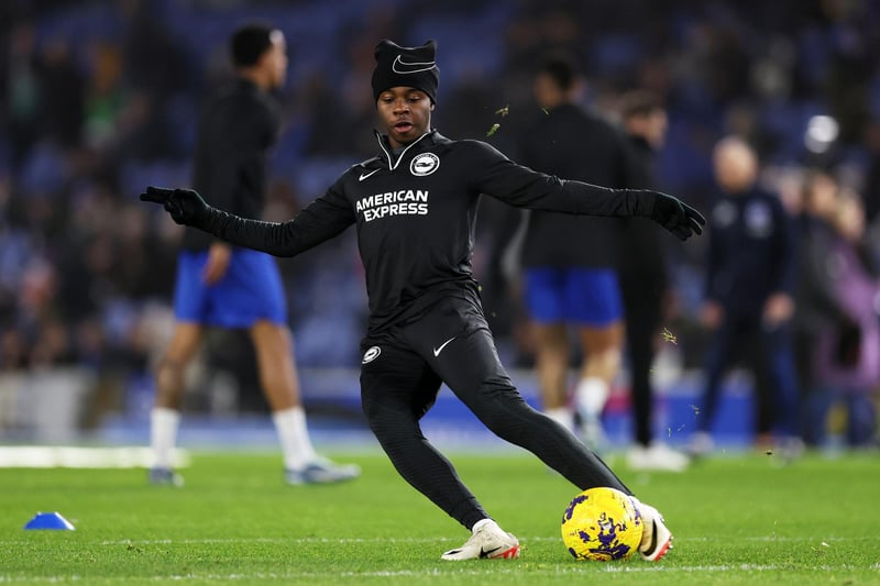 Carlos Baleba of Brighton & Hove Albion warms up prior to the Premier League match between Brighton & Hove Albion and Tottenham Hotspur at American Express Community Stadium (Photo by Julian Finney/Getty Images)