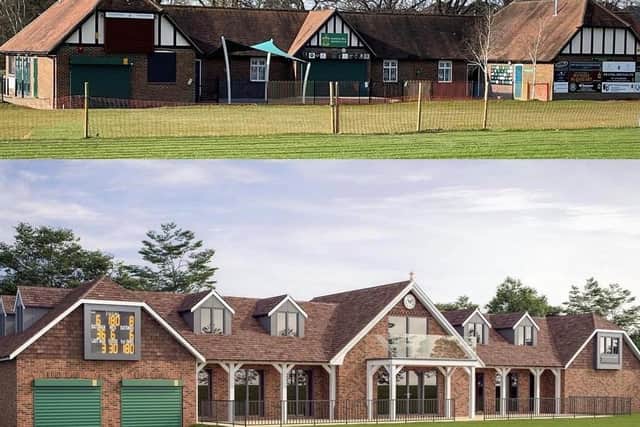 Burgess Hill Cricket Club's pavilion as it is now and an artist's impression of the upgraded version