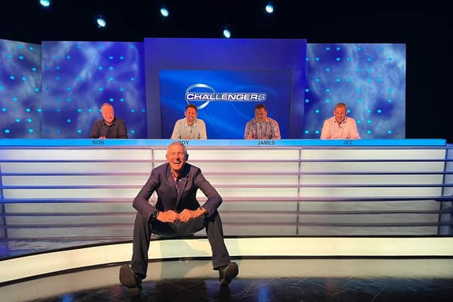 TV Eggheads presenter Jeremy Vine with the Horsham team challengers on the Channel 5 quiz show