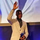 Brighton and Hove Albion midfielder Moises Caicedo receives his player of the year award