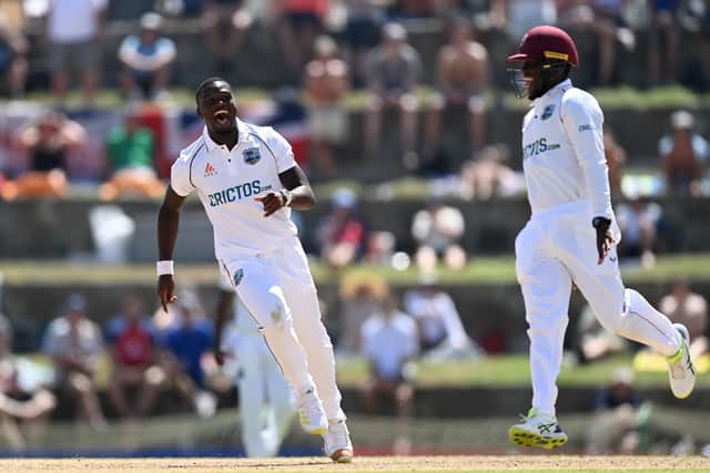 Jayden Seales celebrates a wicket for the West Indies v England | Picture: Getty