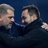 Roberto De Zerbi and Ange Postecoglou at a Brighton-Spurs clash in 2023 - but will it be De Zerbi v Fabian Hurzeler when Albion visit Spurs later this month?  (Photo by Glyn Kikr/AFP via Getty Images)
