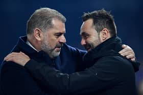 Roberto De Zerbi and Ange Postecoglou at a Brighton-Spurs clash in 2023 - but will it be De Zerbi v Fabian Hurzeler when Albion visit Spurs later this month?  (Photo by Glyn Kikr/AFP via Getty Images)