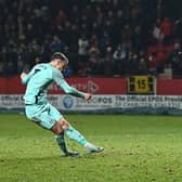 Brighton's Solly March blasts his penalty over the bar in the Carabao Cup loss at Charlton Athletic