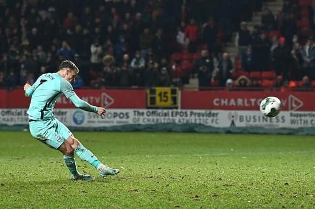 Brighton's Solly March blasts his penalty over the bar in the Carabao Cup loss at Charlton Athletic