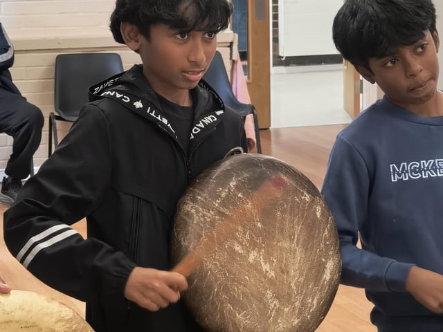 Children and adults came together in Crawley to discover the powerful rhythms of Parai, a traditional Tamil drumming art form, at a community workshop organised by Aurvi Collective