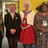 Chair of Rother District Council,  Lord Brett, Mayor of Bexhill pictured with Goggleb S ndra Martin.