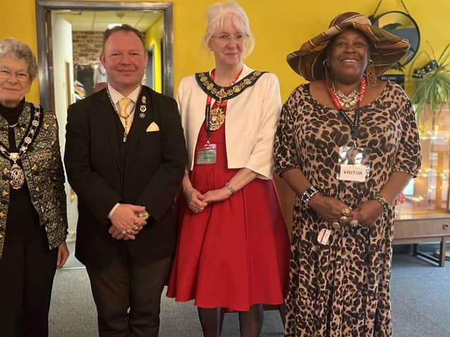 Chair of Rother District Council,  Lord Brett, Mayor of Bexhill pictured with Goggleb S ndra Martin.