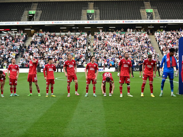 The Crawley Town players during the EFL Sky Bet League 2 play-off second leg match between Milton Keynes Dons and Crawley Town at stadium:mk, Milton Keynes, England on 11 May 2024.:Crawley Town hammered MK Dons 5-1 - and 8-1 on aggregate - to reach the League Two play-off final Wembley. Photographer Dennis Goodwin/Pro Sport Images was there to catch the action, the crowd and the celebrations