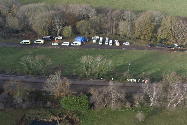 Alexandra Morgan body search, Rock Lane, Hastings. BTP searching railway line. Kent police officers and East Sussex Fire and Rescue Service searching woods and streams. Picture by Eddie Mitchell/Dan Jessup
