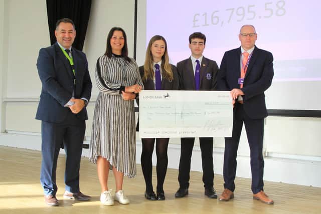 Executive headteacher Pan Panayiotou, Chestnut Tree House community fundraiser Caroline Roberts-Quigley, head students Millie Harper-Bailey and Charlie Fisher, and event organiser Jim Fenlon. Picture: Worthing High School