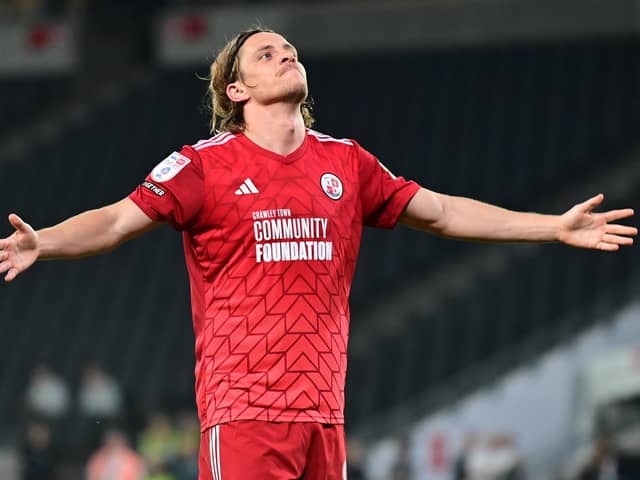 GOAL Crawley Town forward Danilo Orsi (9) scores a goal and celebrates 1-3 during the EFL Sky Bet League 2 play-off second leg match between Milton Keynes Dons and Crawley Town at stadium:mk, Milton Keynes, England on 11 May 2024. | Picture: Dennis Goodwin