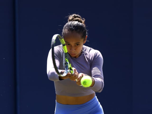 EASTBOURNE, ENGLAND - JUNE 23: Leylah Fernandez of Canada has a hit on a practice court on day two of the Rothesay International Eastbourne at Devonshire Park on June 23, 2024 in Eastbourne, England. (Photo by Charlie Crowhurst/Getty Images for LTA) : Sunday's qualifying and practice at the Rothesay International Eastbourne